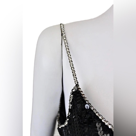 Saks 5th Ave vintage 1980s black sequin tank with rhinestone straps. Silk lining - Picture 1 of 6